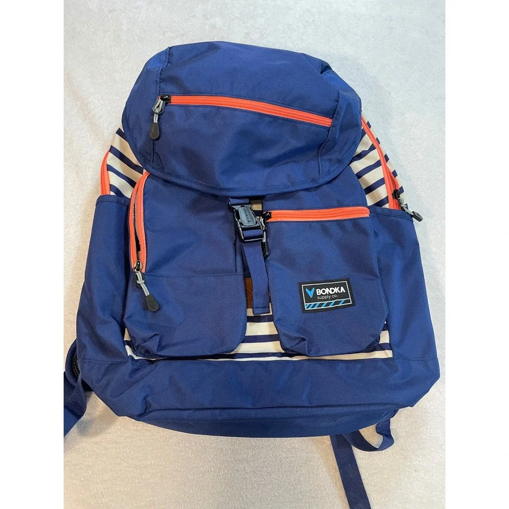 Bondka Supply Co Navy Blue Striped Backpack with Laptop Sleeve and Orange Zips